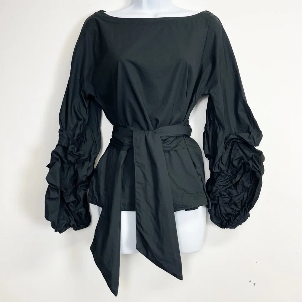 Max Jeans Blouse Womens Size XS Black Tie Around Top Cotton